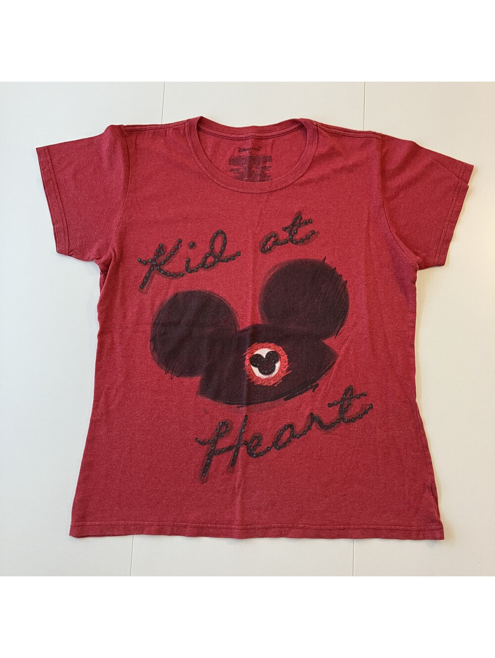 Women's Disney Glitter Kid At Heart Mouse Ears Organic Cotton Tee Shirt Sz XL